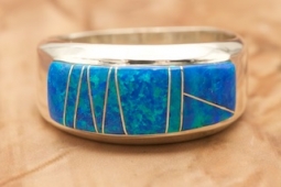 Navajo Artist Calvin Begay Fire and Ice Blue Opal Sterling Silver Ring